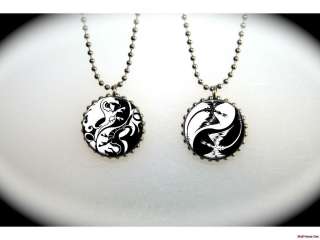 Yin Yang   Yin and Yang black and white dragons   2 sided necklace 