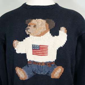 VTG Polo Ralph Lauren Sit Down Bear USA Flag Hand Knit Cotton Sweater 