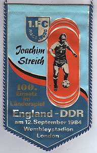 Orig.Wimpel 12.09.1984 ENGLAND   DDR // 100 LS für Joachim Streich 