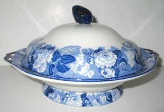 ANTIQUE WOOD BLUE TRANSFERWARE COVERED VEGETABLE BOWL  