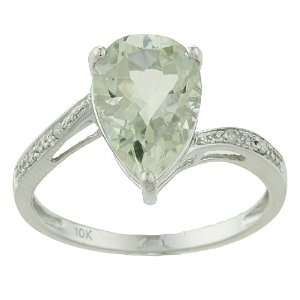  10k White Gold Pear Green Amethyst and Diamond Ring   size 