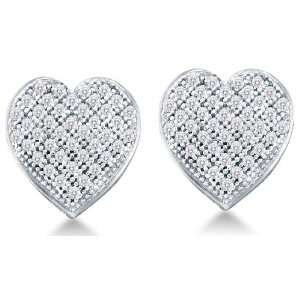  10k White Gold Micro Pave Set Round Diamond Heart Stud Earrings 