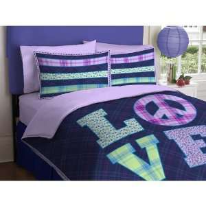Girl Purple Green Love Peace Sign Twin Comforter Set (2pc Set)  