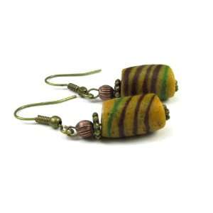   Green and Brown Swirls African Sand Cast Bead Dangle Earrings Jewelry