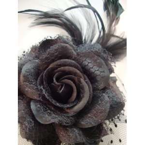   Black Rose and Feather Hair Flower Clip and Pin Back Brooch, Limited