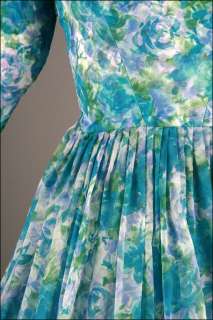 1339  Vtg 50s Turquoise Aqua Chiffon Wedding Bridal Prom Party Dress 