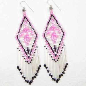 PINK BLACK SILVER DELICA BEADS EAGLE BEADED EARRINGS  