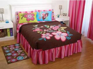 PINK BROWN FLOWERS EXOTIC BEDSPREAD BEDDING SET TWIN  