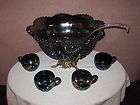 FENTON 2003 BLUE CARNIVAL PUNCH BOWL WITH 12 CUPS & GLASS LADLE