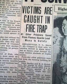 KENANSVILLE NC Prison Camp FIRE Disaster 1931 Newspaper  
