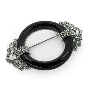  925 Silver Black Onyx & Marcasite Ring Brooch Jewelry