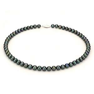 Yellow Gold 7 8mm Black Freshwater Cultured Pearl Necklace AAA Quality 