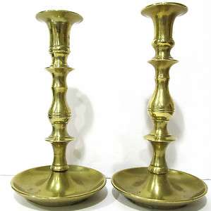 Wonderful Antique 1800s Hand Turned Brass Saucer Candlesticks  
