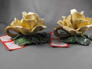 Set of 2 CAPODIMONTE Porcelain Yellow Rose Flowers  