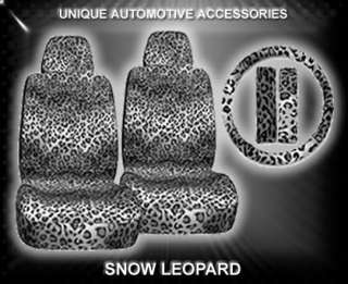 5PC SNOW LEOPARD LOW BACK SEAT COVERS & STEERING WHEEL  