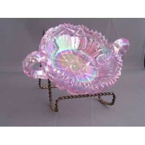  Pink Carnival Glass 2 Handle Nappy Bowl