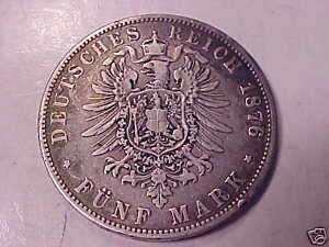 OLD COIN 1876 5 FUNF MARK SILVER FROM HAMBURG GERMANY  