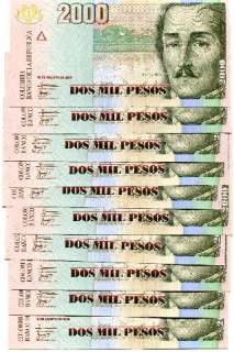 COLOMBIA 2000 Pesos 2009 P New UNC lot 10 pcs  