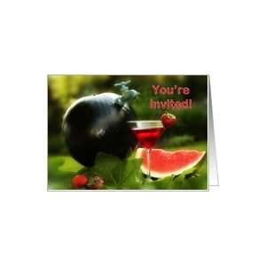 Cookout Invitation, watermelon, drink & strawberries Card
