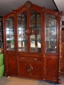   Hand Carved Lighted WALNUT Dining room TABLE 2 leaf + HUTCH  