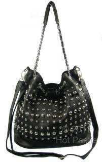 Womens Black Stud Drawstring Bucket Bag Crossbody Leather Style 