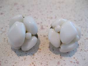 VINTAGE CLUSTER EARRINGS CLIP ON WHITE MILK GLASS BEADED  