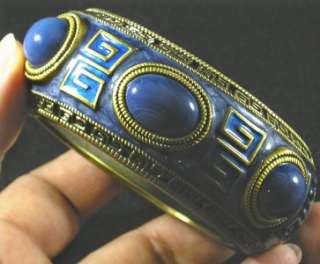 Egyptian Style Gold Blue Enamel Hinged Bangle Bracelet  