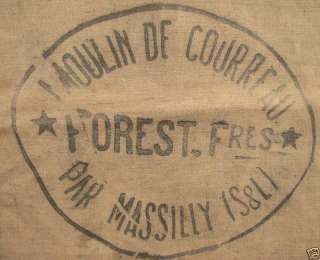 Vintage French Flour Sack feed bag jute black printed ~  