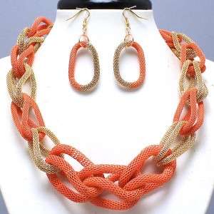 Chunky Gold Tone & Orange Mesh Looped Chain Statement Necklace and 