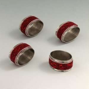   Silver Plated Napkin Rings with Red Fabric Accents