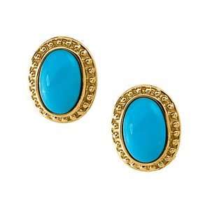  Pair 11X7 14K Yellow Gold Genuine Cab Turquoise Earring Jewelry