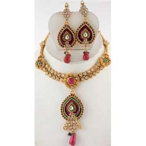  Meenakari Necklace Set with Faux Ruby and Emerald   Copper 