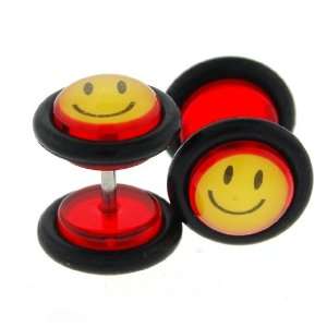 Fake Acrylic Plugs   Red with Happy Face 16g Wire; 8mm   Sold as a 