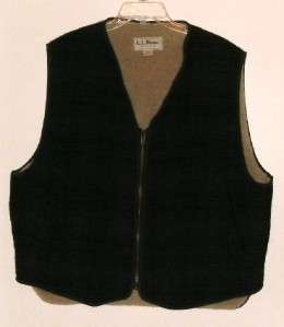 MENS LL BEAN XL BLACK AND GREEN PLAID LINED WOOL VEST  