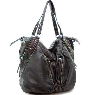   washed tote/ hobo bag w/ decorative pockets   pewter/ coffee  