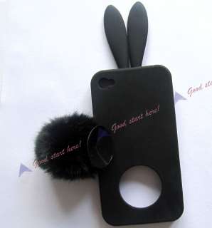 Black Soft Cute Rabbit Ears Tail Silicone Bumper Case Cover for Iphone 