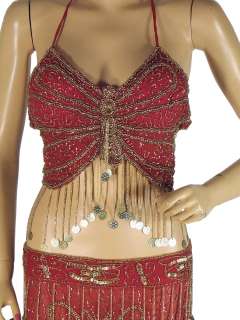 Gorgeous Hand Crafted beaded 2 PC set of Red Belly dance Top (Choli or 