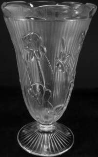 Vintage Jeannette Glass Clear Crystal Iris & Herringbone Pattern Vase 