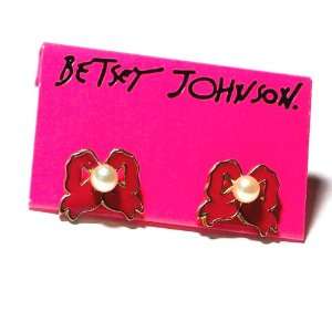 BETSEY JOHNSON Red enamel Bows and Pearls Stud Earrings
