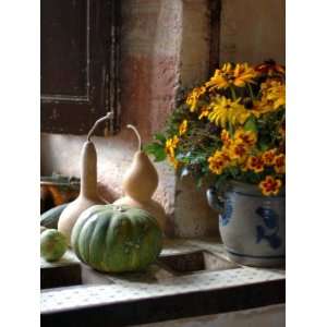 Gourds and Flowers in Kitchen in Chateau de Cormatin, Burgundy, France 