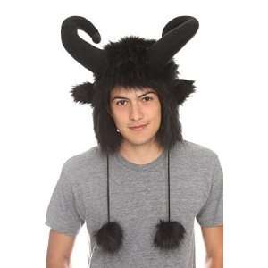  Deluxe Black Fur Viking Buffalo Hat with Curved Horns 