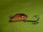 VINTAGE FISHING LURE SMALL WOODEN PLUG 1 5/8 LONG BROWN, RED, AND 