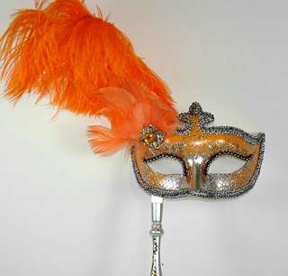 ORANGE MASQUERADE Stick Venetian Mask Costume ORANGE & SILVER Hand 