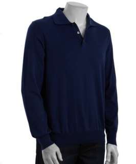 Brioni pacific blue cotton polo style long sleeve sweater