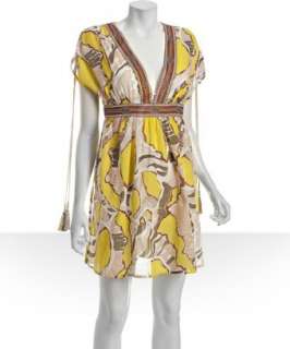 Emilio Pucci yellow abstract print cotton v neck dress   up to 