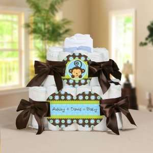   Monkey Boy   2 Tier Personalized Square   Baby Shower Diaper Cake