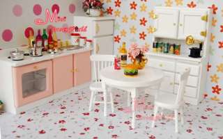 12 Dollhouse Miniature Wood Pink White Kitchen Dinning Room Set 7PCS 