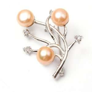 Pink Freshwater Pearl White Gold Plated Brooch Pin 30X35mm