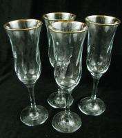 Set 4 Glass Lead Crystal Twisted Champagne Flutes Gold  