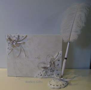 BUTTERFLY WEDDING GUEST BOOK, PEN & CHAMPAGNE GLASSES  